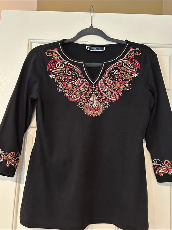 Karen Scott Tops - Karen Scott Black Tunic with Red & Gold Paisley Embroidery